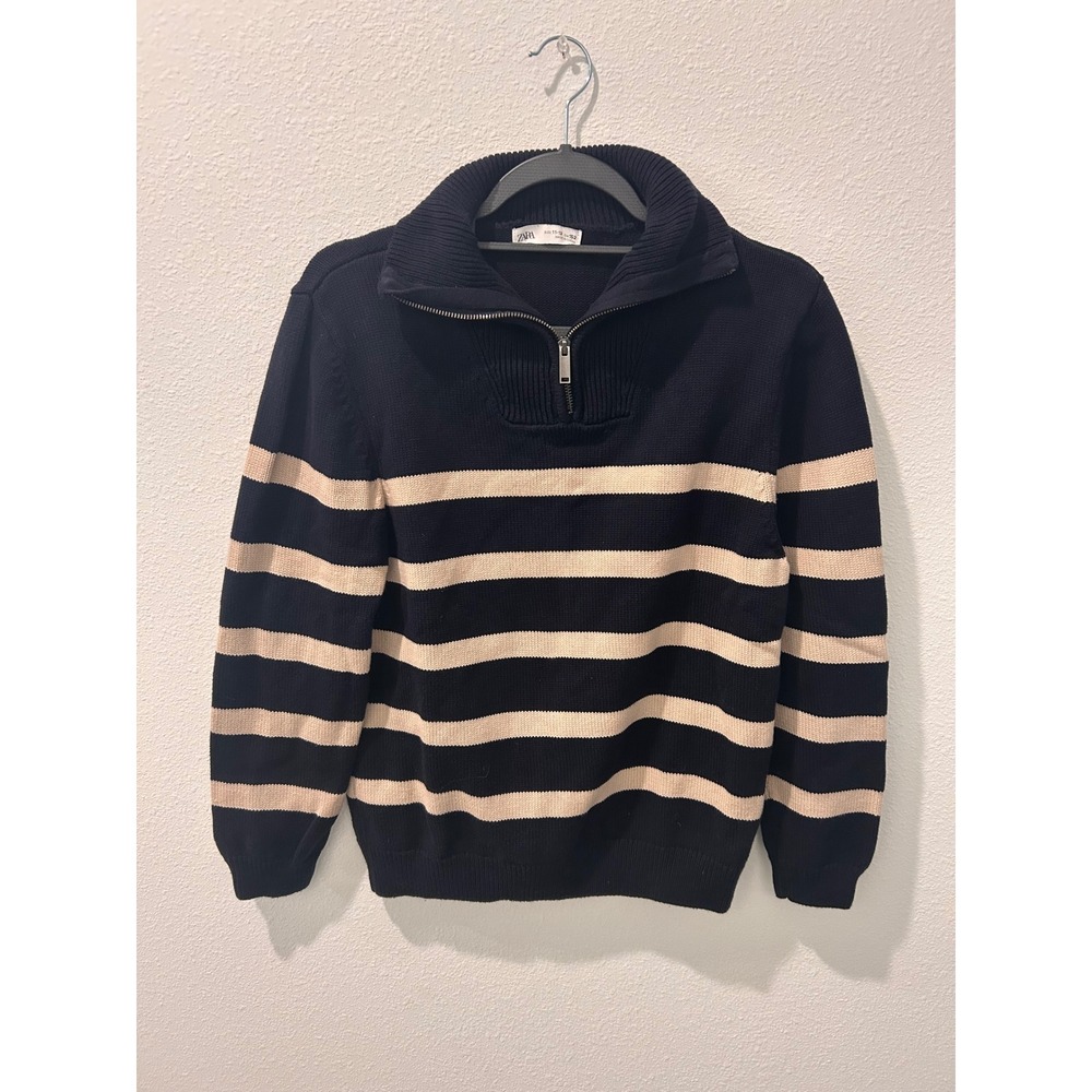Zara Kids Boys Navy Blue/Tan Striped Quarter Zip Sweater Size 11-12